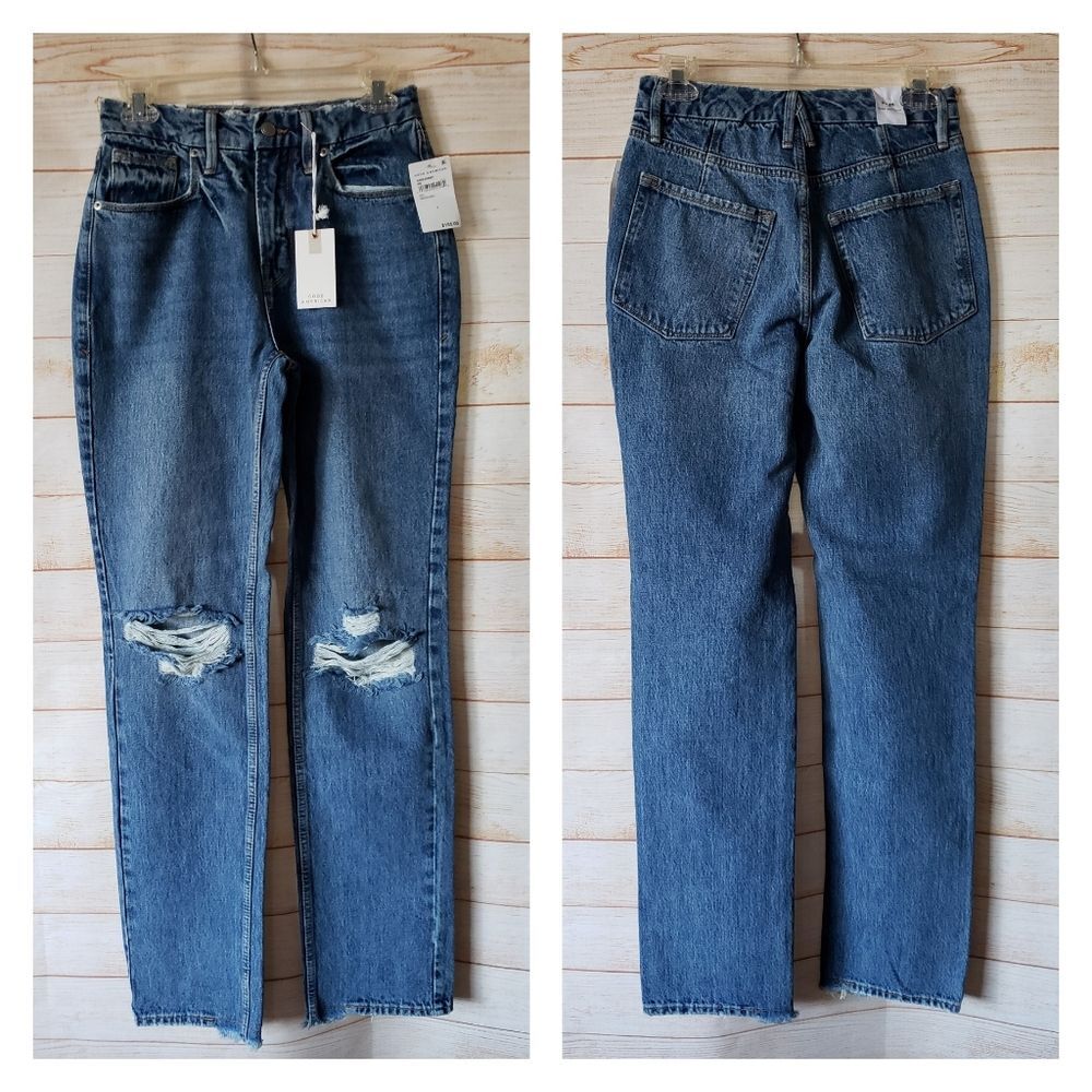 Good American Distressed 100% Cotton Denim Jeans in Indigo061